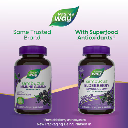 Nature's Way Sambucus Elderberry Immune Gummies - Vitamin C - Vitamin D3 - Zinc -- 60 Gummies