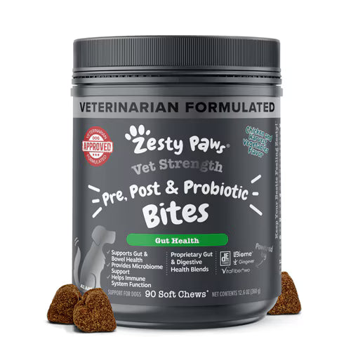 Zesty Paws Dog Vet Strength Pre-Post- & Probiotic Gut Digestive Health Supplement Chicken -- 90 Soft Chews